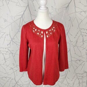 Jones New York Red Linen Cotton Knit Sequin Cutout Cardigan